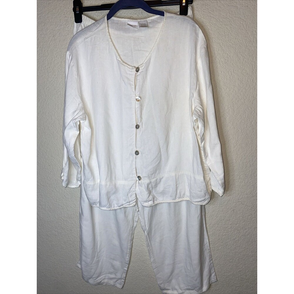 Vintage Cherokee Linen set wide leg Pants Shirt L lagen cottage drawstring